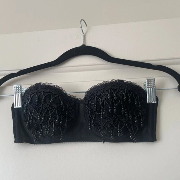 90s Black Beaded Fringe "Bustier" Bra - Picture 2 of 5